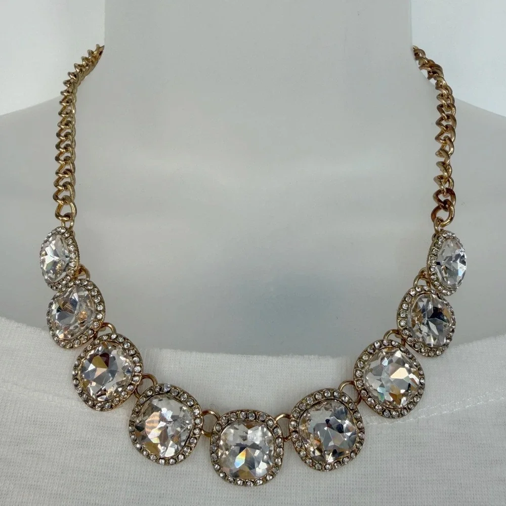 Gold Tone Clear Crystal Rhinestone Halo Bib Statement Necklace Adjustable 103-42